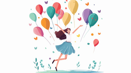 Happy Girl Ascends with Rainbow Balloons, Joyful Flight, Whimsical Child, Uplifting Illustration,   