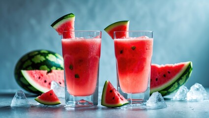 Two glasses of watermelon juice with pieces of watermelon and ice on light background, with empty space for text.