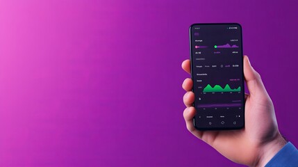 Hand Holding Phone with Data Chart App on Purple Background, Analytics , Mobile app