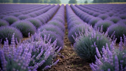 Naklejka premium Plantation field of lavender in a farm with empty space for text.