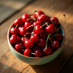 A bowl of fresh red cherries with stems, placed on a rustic wooden table under soft natural light
