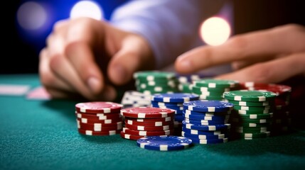 Naklejka premium High-stakes Poker Stacks of Chips on Green Felt, hands blurred, Casino ,Betting