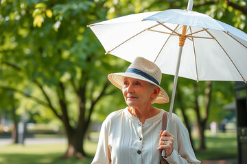 Senior Woman Holding a Parasol in the Park