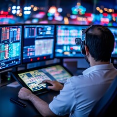 Man Monitors Multiple Screens in Control Room, Technology , Data