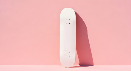 Minimal skateboard deck standing against pink wall