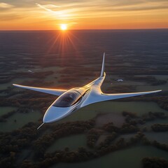 Light aircraft soaring above rural landscape at sunset.