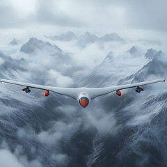 Modern aircraft soaring above a snowy mountain range.