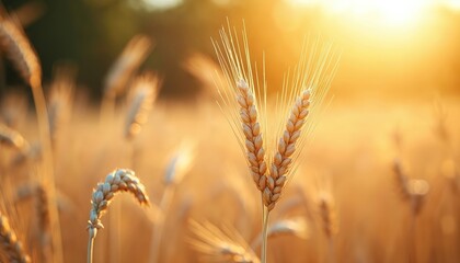 Close-up of ripe wheat, rye ears in sunlit field during summer autumn harvest season. Rustic landscape offers warm, blurred background with golden light, perfect for agriculture concepts, design