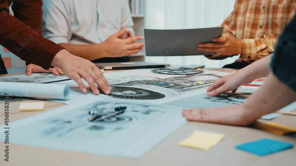 Poster a diverse group of professionals collaborates over design sketches and digital tools in a bright off