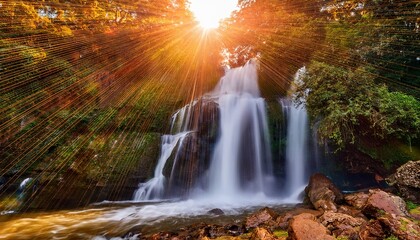 majestic waterfall cascading with a radiant sun illuminating the scene in the background and foreground