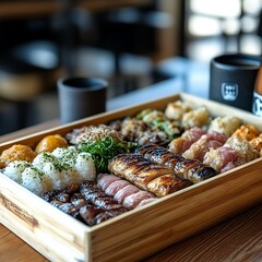 Assortment of grilled and rice-based dishes in a wooden box.