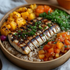 Grilled fish with rice and vegetables in a bowl.