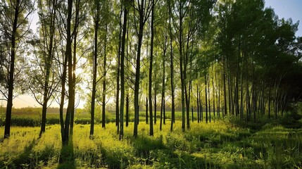 Close-up of a poplar tree with tall straight trunk, smooth gray bark, and triangular green leaves fluttering in the wind, thriving in a forest, park, or along a roadside under sunlight