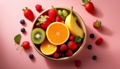 high resolution image of a vibrant fruit bowl on a soft pink background featuring clear composition sharp focus subtle shadows vibrant natural textures with a minimalist aesthetic