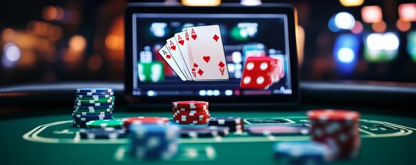 Online Casino Game Aces, Chips and Digital Dice on Tablet , Gambling, Poker