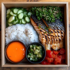Grilled salmon, rice, and assorted vegetables in a wooden lunchbox.
