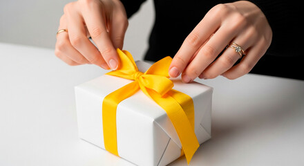Hands Tying a Yellow Ribbon on a White Gift Box