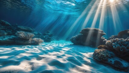 Sunlight beams penetrate the clear blue water, illuminating the sandy ocean floor and coral formations.