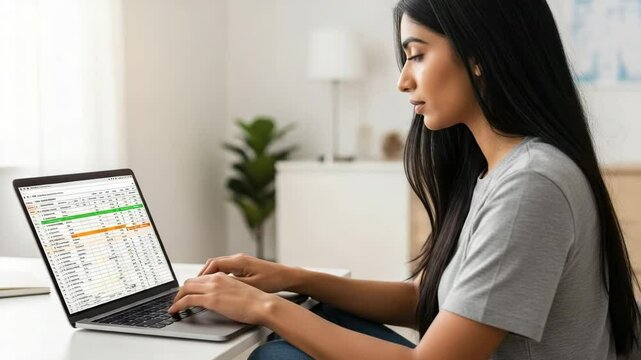 Person engages in budgeting activities using a laptop at home in a bright and organized workspace