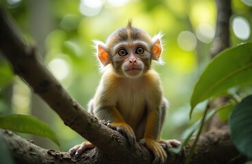 Small monkey sits on tree branch in green rainforest. Large eyes, fluffy fur visible. Background features blurred green foliage, suggesting natural habitat. Primate symbol of wildlife, biodiversity.