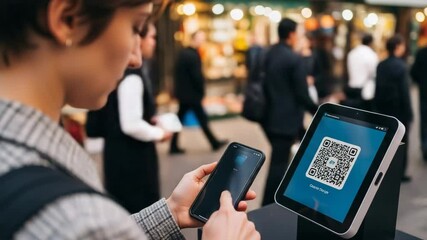 Person making contactless crypto payment by scanning QR code with smartphone in a busy market - Powered by Adobe