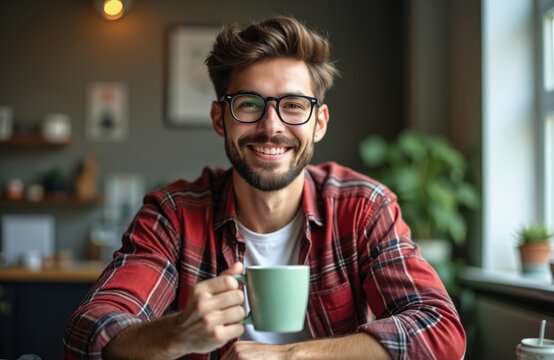 Young businessman smiling, holding green mug, enjoying coffee break in modern office. He wears glasses, red plaid shirt, casual attire. Relaxed man taking pause from work, using technology at desk.