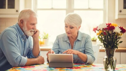 Cheerful elderly couple explores retirement planning together while reviewing their options on a tablet in a bright kitchen - Powered by Adobe