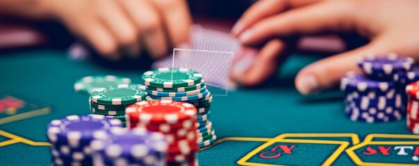 Poker Night Colorful Chips, Betting Hands on Green Felt Table, Risk , Gamble