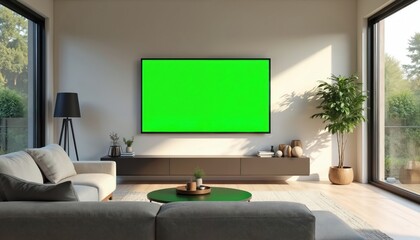 Modern living room features large green screen TV above sleek media console. Comfortable sofa, coffee table, floor lamp complement minimalist decor. Large windows offer natural light and plants view.