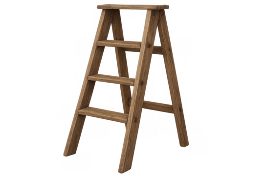 Four-step wooden ladder isolated on transparent background, ready for easy integration into projects