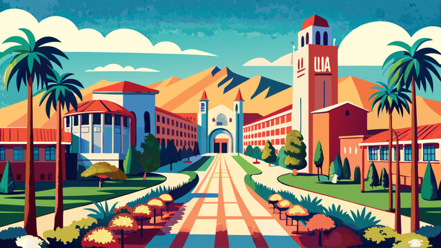 UCLA (University of California, Los Angeles) sparkles with palm-lined paths, red-roofed halls, and contemporary structures basking in California sunshine.