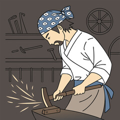 Japanese blacksmith working with hammer sparks anvil