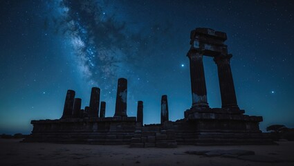 Ancient temple silhouetted against a star-filled night sky with ruins contrasting the infinite cosmos above.