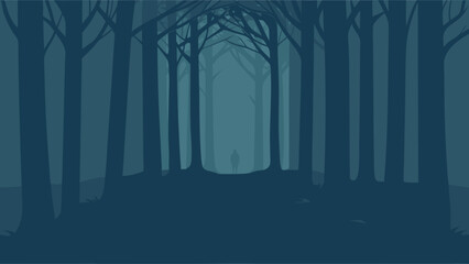 Lone figure walking through dark forest path trees