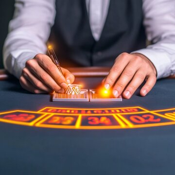 Roulette Table Action Croupier's Hand, Chips and Neon Numbers , Casino, Gambling