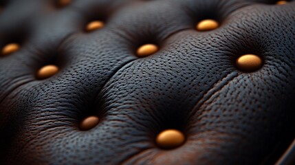Close-up view of dark leather upholstery with decorative tufting.
