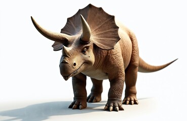Obraz premium Triceratops dinosaur illustration isolated on white background. Prehistoric herbivore animal with three horns, frill. Detailed realistic model resembling ancient reptile, perfect for educational