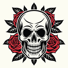 Fototapeta premium Skull With Red Roses And Black Leaves vector