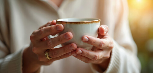 Close-up hands hold warm mug. Cozy beverage comfort, morning ritual. Natural light, soft focus background. Relaxing time, gentle warmth, simple pleasures, quiet moment.