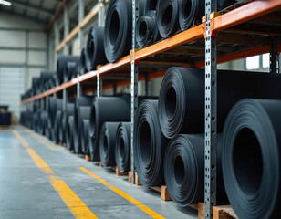 Industrial warehouse stores large rolls of heavy-duty rubber sheets stacked on metal shelves. Material awaits fabrication for gaskets, seals, mechanical parts. Focus on synthetic, neoprene, silicone