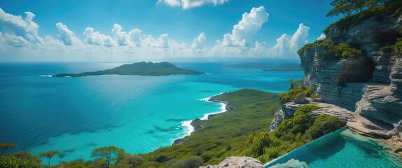 Scenic landscape view from the top of a nature reserve over turquoise sea with stunning ocean views and empty copy space for text.
