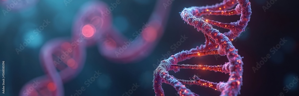 Poster dna double helix structure with glowing markers, representing biological research, genome sequencing