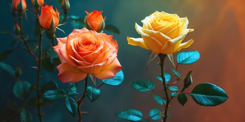 Flower of the plant Rose in two colors Orange and Yellow with empty space for text.