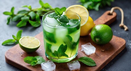 Glass of iced green tea with lime, lemon, mint, and ice cubes on chopping board with empty space for text