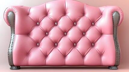 Elegant, tufted, pink sofa with decorative trim.
