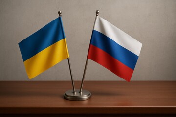 Two flags of Ukraine and Russia are displayed on a table. The flags are on a stand and are waving in the wind