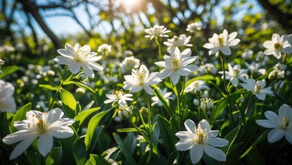 Amazing nature view with many white flowers under sunlight. Natural view of flower blooming with green leaves as a background