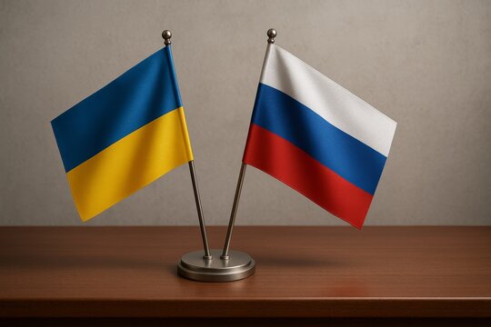 Two flags of Ukraine and Russia are displayed on a table. The flags are on a stand and are waving in the wind