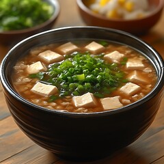 Cubes of tofu in a dark brown bowl of soup.