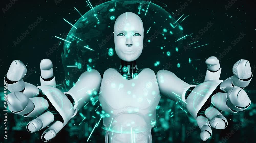 Poster futuristic robot artificial intelligence huminoid ai for industrial factory technology development a